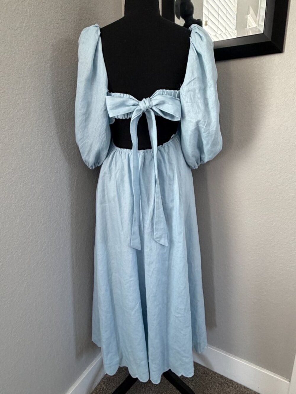 MABLE Scalloped Blue Linen Midi Dress Puff Sleeves Small - Picture 6 of 14